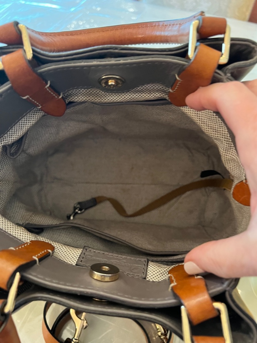 Dooney & Bourke Taupe Leather Satchel with Tan Handles & Crossbody Strap - Picture 6 of 6